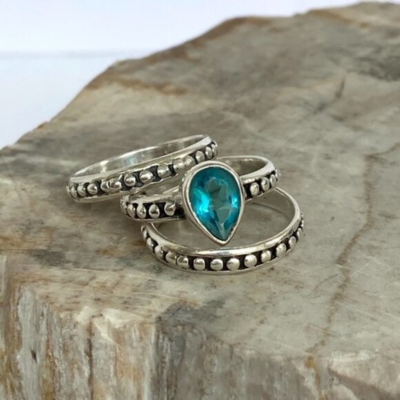 Sterling Silver 925 Teardrop Faceted Blue Glass Triple Band Ring Bali Size 6.5 - Picture 8 of 16